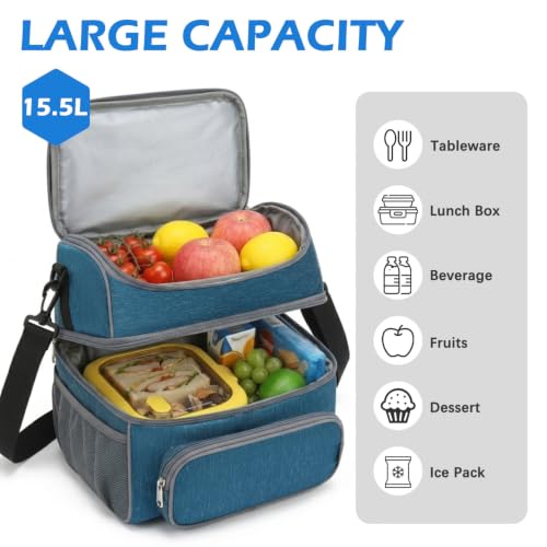 FlowFly Double Layer Cooler Insulated Lunch Bag Adult Lunch Box Large Tote Bag for Men, Women, With Adjustable Strap,Front Pocket and Dual Large Mesh Side Pockets - color: Lake Blue