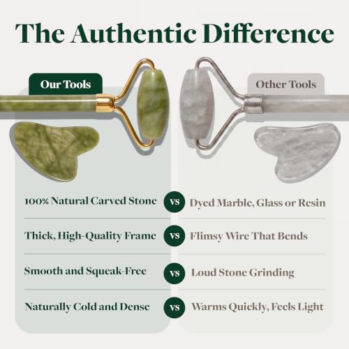 Jade Roller and Gua Sha - Spa Grade Face Roller Massager and Gua Sha Massage Tool Set. 100% Authentic Jade Stone. Reduces Puffiness, Wrinkles and Reveals Your Natural Glow