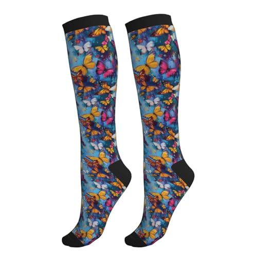 Compression Socks Knee High Support Socks Women Circulation Stockings for Athletic Running Cycling Flying - color: Butterfly