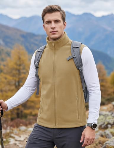 TACVASEN Men's Fleece Vest Winter Casual Vests Outerwear Sleeveless Jacket - color: Khaki, size: Small
