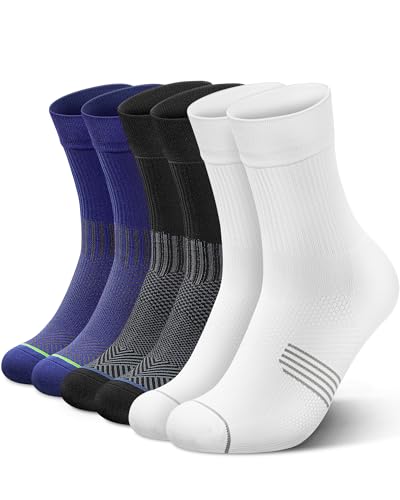 3 Pairs Running Compression Socks for Men & Women Crew Socks with Cushion - color: Black+white+navy(3 Pairs), size: X-Large
