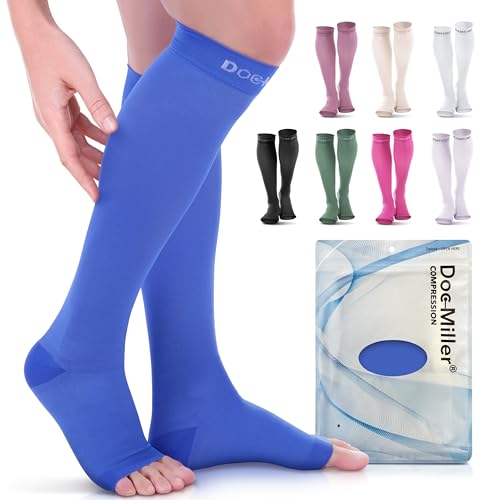 Doc Miller Open Toe Compression Socks, 20-30 mmHg, Knee High, Men & Women - color: Blue, size: Medium