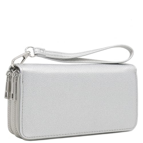 FashionPuzzle Double Zip Around PU Leather Wristlet Cell Phone Wallet - color: Silver