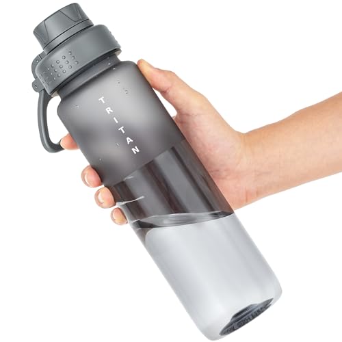OLDLEY 32 oz Water Bottle with Handle, BPA-Free Tritan Reusable Sports Water Bottle with Leak-Proof Dust Lid, Wide Mouth, Cup Holder Friendly, Half Frosted Clear Bottle for Gym, Travel, Work,Gray - color: Gray