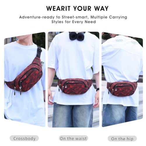Large Fanny Pack for Men Women NSYOOMH, Crossbody Waist Bag 5-Zipper Pocket - color: Fashion Red