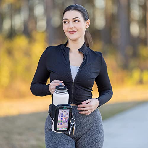 Gym Water Bottle Pouch with Waterproof Touchscreen Accessory Pocket for Phone. Keychain Carabiner, Side Mesh Pocket for AirPods. Fits 18-40 oz Stanley, Hydro Flask, Yeti, Iron Flask Bottles - style: Touchscreen Phone Pouch (Black 18-40 oz)