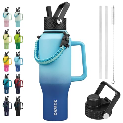 BJPKPK 35oz Insulated Water Bottle with Handle & Straw Lid, Stainless Steel - color: Sky, style: 35oz-Side Handle