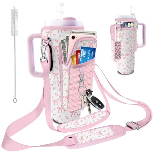Stanley Carrier Bag for Stanley 40oz/30ozTumbler with Phone with 2 Adjustable Strap,3 Pockets Bottle Stanley Cup Carrier Bag & Case,Accessories for Hiking Travelling - color: Rose Bow