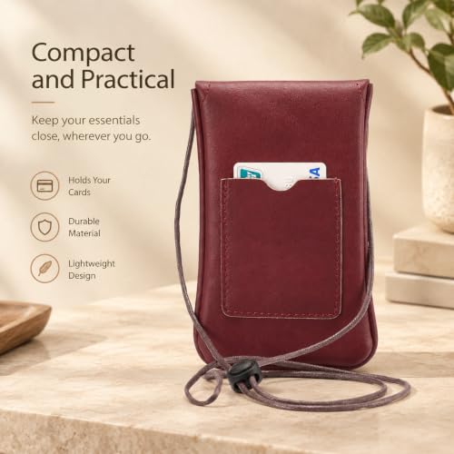 Cell Phone Neck Pouch, PU Leather Carrying Bag with Credit Card Holder Adjustable Strap, Small Travel Purse for iPhone 11 XR XS Max SE 8 7 6 Plus, Galaxy S10 S7 Edge A10 J7, Moto G6 (Red) - color: 01 Red