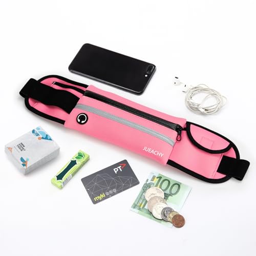 Jueachy Running Belts for Women Waterproof Fanny Pack Running Waist Pouch Phone holder Adjustable Sports Money Belt with Headphone Port - color: PK