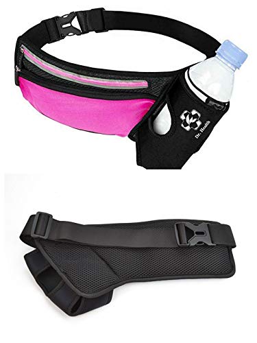Running Belt Sport Waist Pack with Water Bottle Holder Hydration Belt Fanny Pack Reflective Stripes Cellphone Storage Earphone hole for Dog walker Hiking Travel (BLACK/PINK) - color: BLACK/PINK