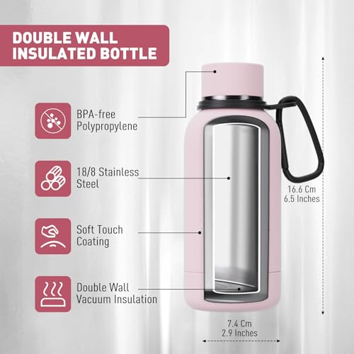 Exllena Small Water Bottle 12oz with Clip, Double Wall Stainless Steel Vacuum Small Insulated Water Bottle Keeps Drinks Cold 24 Hrs/Hot 12 Hrs for Kids Handbag School BPA Free (Pink) - color: Pink, size: 350 ml