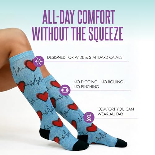 Crazy Compression Over-the-Calf Socks with Fun Designs - color: Heart Station Blue (Wide), size: Small-Medium
