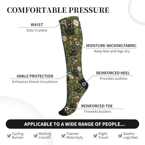 Hen Floral Compression Socks for Women Men - color: Black Cat Daisy Floral