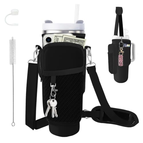 Water Bottle Carrier Bag for Stanley Cup 40oz/30oz with Phone Pocket, Neoprene Water Bottle Holder with Adjustable Shoulder & Handle Strap, Stanley Cup Accessories for Walking Travel Gym - color: Black