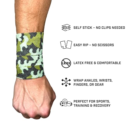 Self Stick Athletic Tape – 2” x 6.5 Yards – Latex-Free, Easy Rip Sports Wrap for Football, Baseball, Soccer, Wrist, Ankle, Finger & Injury Support (Army Camo) - color: Army Camo
