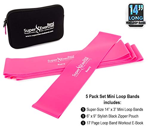 Mini Loop Bands 14x3 in, Latex Free, 3/5/10 Pack Sets - color: p. Fuchsia Pink HEAVY Loop Band 5 Pack