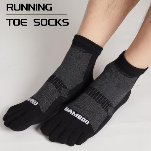 Sunew 3 Pairs Toe Socks for Men Women,Viscose Bamboo Breathable Athletic Running Five Finger Ankle/Quarter Socks - color: 3 Pairs Black Gray, size: Large