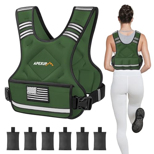 APEXUP Adjustable Weighted Vest, 4-10lb/12-18lb/20-32lb Vest with 6 Ironsand Weights and Large Pocket, Weight Vest for Men Women Strength Training, Running, Walking - color: Green, size: 12-18lbs