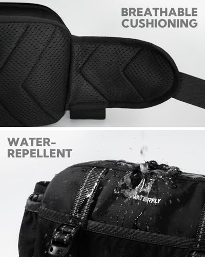 WATERFLY Large Hiking Fanny Pack: 3L Waist Bag with 2 Bottle Holders for Women Men - 9 Pockets & Adjustable Belt Lumbar Hip Packs for Travel Running Cycling Camping Workout (Bottles Not Included) - color: Black