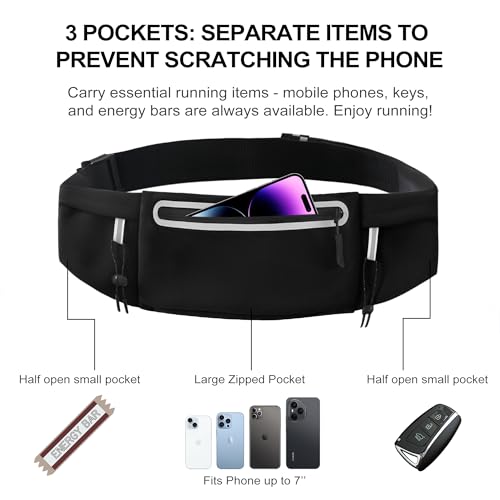 Running Belt Fanny Pack: 3 Pocket Waist Bag for Men Women Workout Exercise Fitness Phone Holder Fits All Phones with Bib Clip, Black - color: Black
