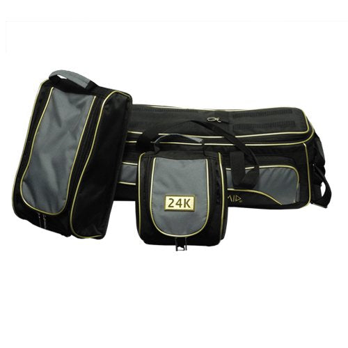 Pyramid Path Triple Tote Roller Plus Bowling Bag with Detachable Shoe Bag (Fits US Mens Size 15), Accessory and Side Pocket, Lightweight Travel Design - color: Black/Gold/Grey 24K Edition