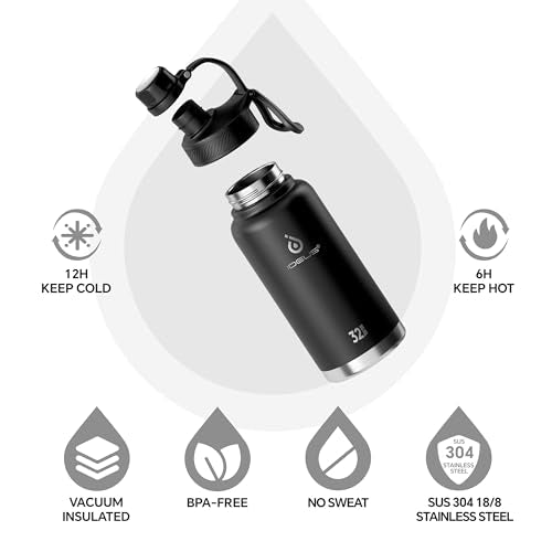 IDEUS 32oz Stainless Steel Insulated Bottle with 2 Leak-Proof Lids, Black - color: Black, size: 32 Ounces