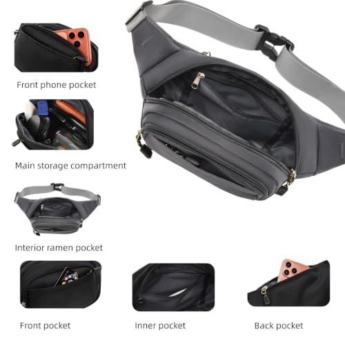 Large Fanny Pack for Men Women NSYOOMH, Crossbody Waist Bag 5-Zipper Pocket - color: Grey