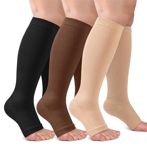 CTHH Toeless Compression Socks for Women & Men Open Toe Knee High Stocking - color: Nude/Brown/Black, size: Small-Medium