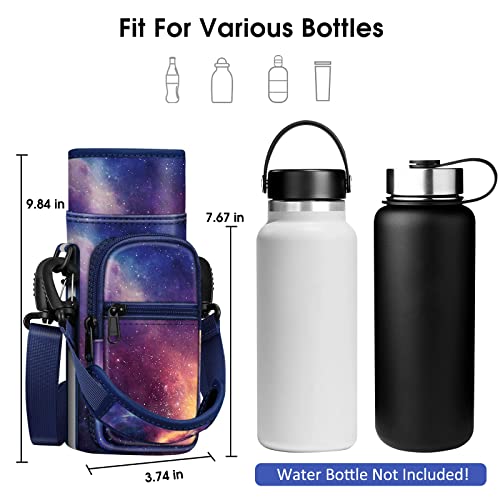 CaseBot Water Bottle Carrier Bag Sling Case, Sports Water Bottle Pouch Holder Sleeve with Adjustable Shoulder Hand Strap and 2 Pockets for Men Women Hiking Camping Travelling - color: Galaxy