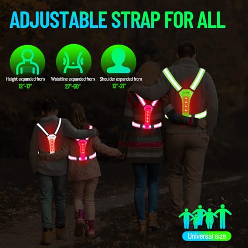 Led Reflective Vest Running Gear, Light Up Vest for Night Walking, High Visibility USB Rechargeable Adjustable Running Lights for Runners Walkers Men Women Kids - color: Black