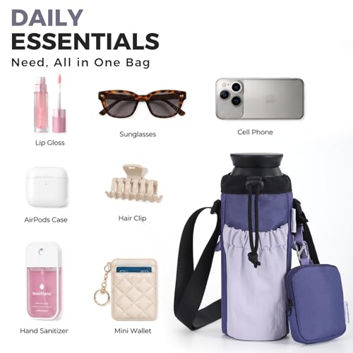 Water Bottle Holder with Strap Fits 16-24oz Bottle, Water Bottle Carrier with Earphone Bag, Hands-Free Crossbody Bottle Bag for Dog Walking, Travel, Hiking & Everyday Use - color: Purple