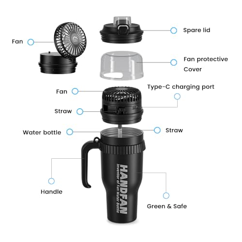 HandFan 40oz Tumbler with Handle, Cooling Water Bottle with Fan - color: Black