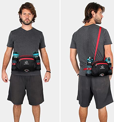 WATERFLY Fanny Pack Waist Bag: Fannie Pack 2 Water Bottle Holders Lumbar Belt Hiking Walking Running Jogging Camping Large Woman Man (Bottle Not Included) - color: Black-red