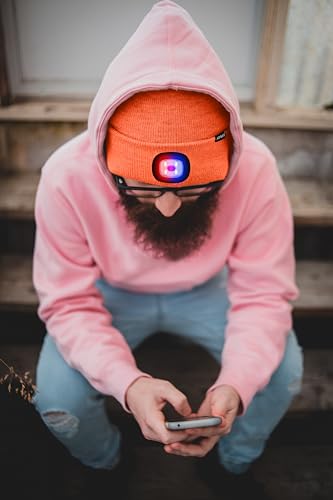 ATNKE LED Lighted Beanie Hat,USB Rechargeable 4 LED Red and Blue Flashing Running Headlamp Cap Gifts for Men and Women - color: #Bright Orange