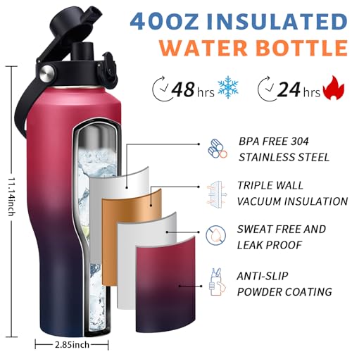 40 oz Insulated Water Bottle with Straw Lid & Pop-up Spout Lid, Carrier Bag - color: Gradient Claret, size: 40 Ounces