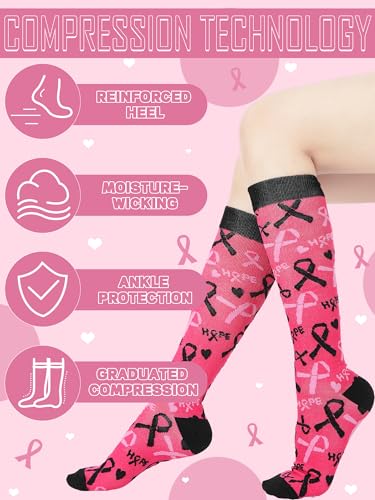 Fourluoo 6 Pairs Breast Cancer Awareness Compression Socks - size: Small-Medium, style: Ribbon