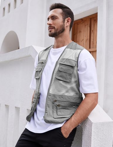 Gihuo Men's Utility Vest Fishing Safari Vest Summer Travel Vest with Pockets - color: Grey, size: X-Large