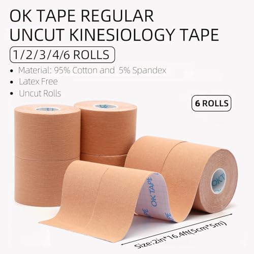 OK TAPE Kinesiology Tape (6 Pack) Latex Free Cotton Uncut 2in x 16.4ft - color: Beige, size: 6 Rolls