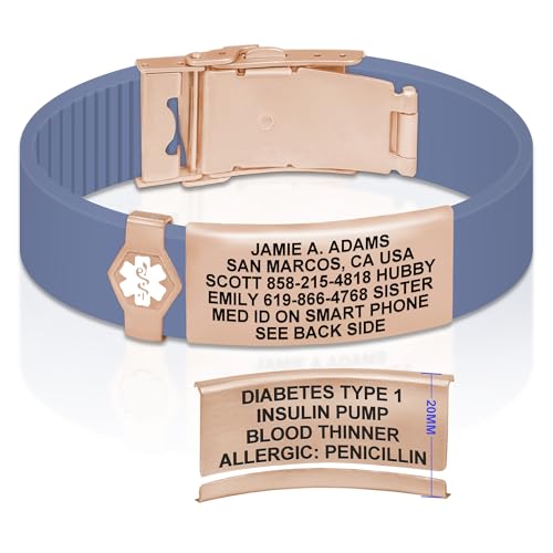 Divoti Custom Dual-Sided Engraved Silicone Medical Alert ID Wristband w/Security Clasp & Trim-to-Fit Band - Style - color: Carmella Blue / PVD Rose Gold / White, size: Band Width - 19mm
