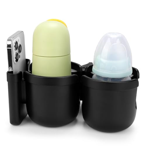 Accmor Stroller Cup Holder with Phone Holder, Bike Cup Holder, Walker Scooter Wheelchair Cup Holder Attachment, Universal Cup Holder for Uppababy Graco Strollers - color: Double Holder-All Black