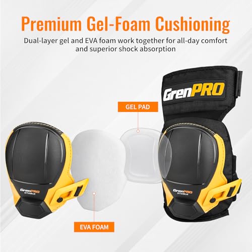 GRENPRO Heavy Duty Knee Pads for Men, Gel Foam, TPR Shell, Construction - color: Black & Yellow