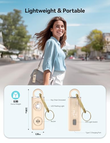 TECKNET Rechargeable Personal Safety Alarm for Women, 130dB Self Defense Keychain Alarm with SOS Strobe Light, Low Battery Notice, Personal Alarm Loud Siren Safety Keychain for Girls Kids Elderly - color: Beige