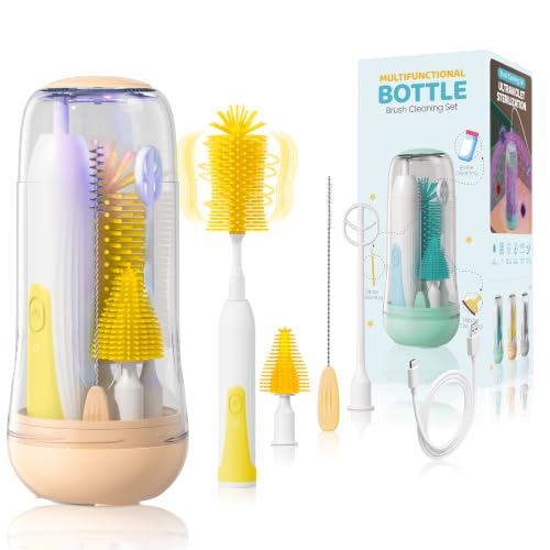 Portable Electric Bottle Brush Cleaner with Storage Box, 4-in-1 Kit - color: Yellow