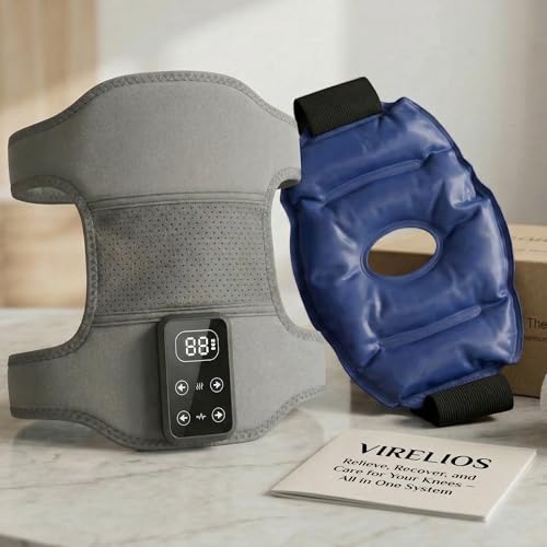 Knee Massager for Pain Relief with Heat, Heated Knee Brace Wrap, Cordless Knee Massager with 5 Heat Levels & 3 Vibration Modes, for Knee Shoulder Elbow, Hot & Cold Gel Pack, Gift for Mom Women Men