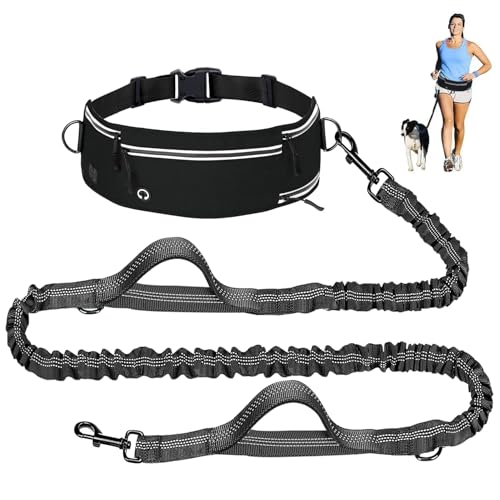 Hands Free Dog Leash with Partitioned Pouch Adjustable Waist Belt, Waist Leash for Dog Walking Running, Dual Handles, for Medium/Large Dogs - color: Black