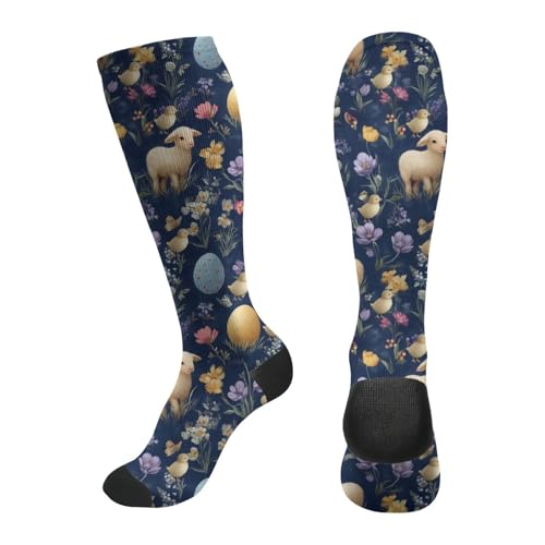 FREEHOTU Compression Knee High Socks for Women/Men Circulation 15-20 Mmhg - color: Easter Eggs Lambs