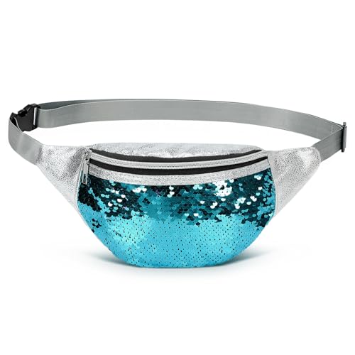 Holographic Sequined Fanny Packs for Women, Waist Belt Bag Fashion, Crossbody Bum Bag for Running, Blue - color: Blue