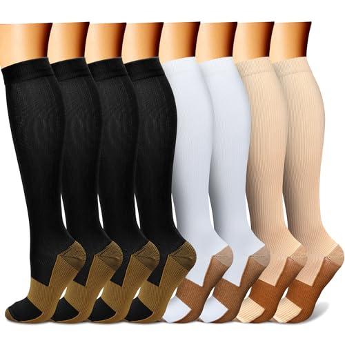 FEYHAY Copper Compression Socks (8 Pairs) 15-20 mmHg Circulation is Best Athletic & Daily for Men & Women, Running, Climbing - color: 02 Black/Beige/White, size: Small-Medium