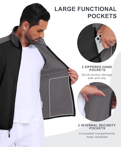 Little Donkey Andy Men's Softshell Vest Lightweight Windproof Waterproof - color: Basic Black Gray, size: X-Large